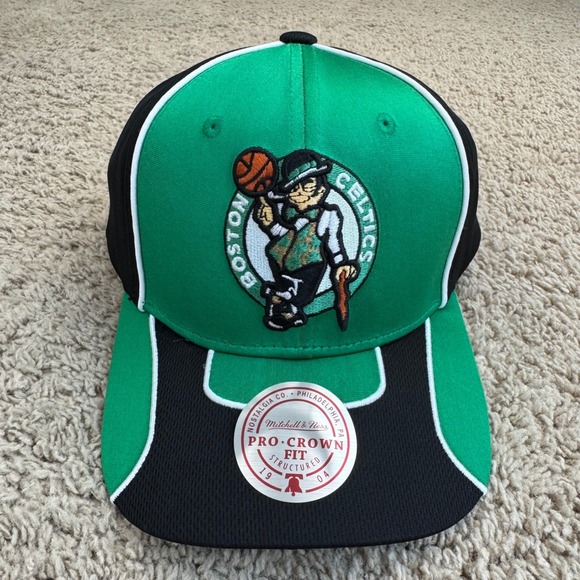Boston Celtics Hat Mitchell & Ness Pro Crown Snapback Green Black Team Logo Cap - Picture 2 of 8